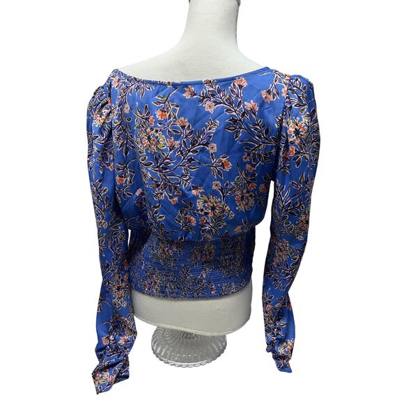 Free People Santiago Blue Floral Boho Peasant Crop Top Blouse Shirt Large - Picture 2 of 10